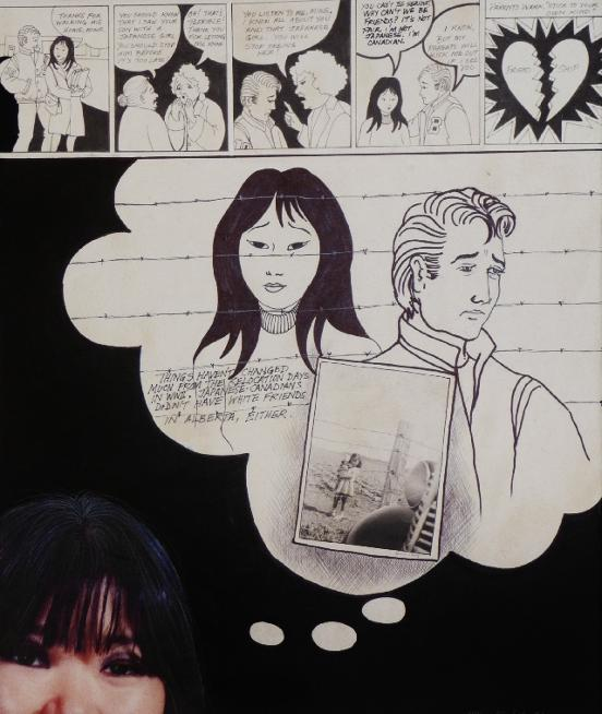 Thought bubble with comic book strip inside showing a Japanese Canadian woman crying behind barbed wire. A white man stands outside the fence turned away upset.